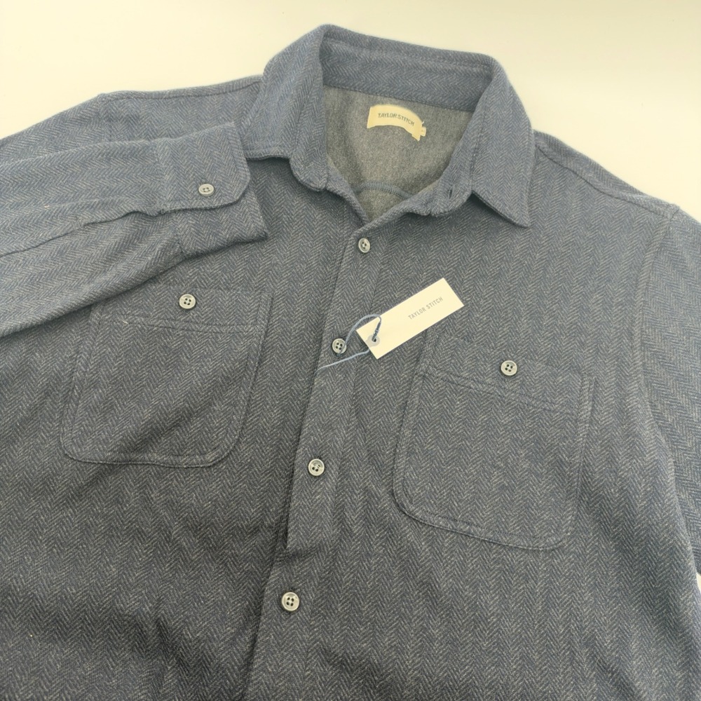 Taylor Stitch North Shore Knit Shirt Heather Navy Herringbone 44 L 2602NSKSHN